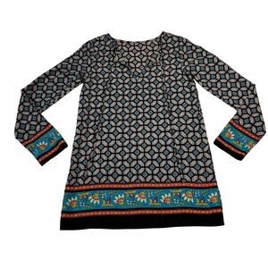 Women's Split Neck Mosaic Floral Print Tunic Blouse Size S Colorful Boho Peasant